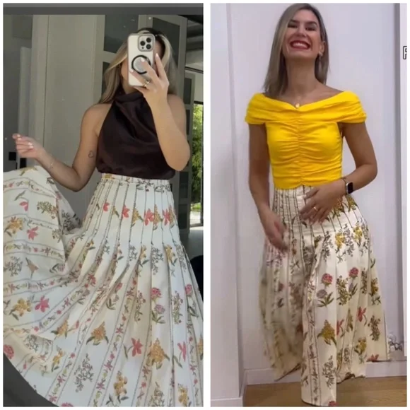 Zara 🔥 Pleated Floral Midi Skirt Botanical Flowy Cottagecore Prairie Cotton XL - Picture 8 of 16